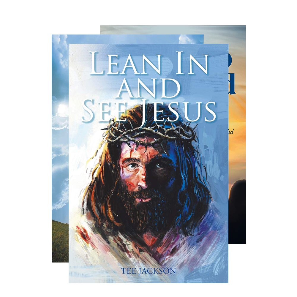 stack of three books, with topmost book showing illustration of Jesus wearing a crown of thorns, and title "Lean In and See Jesus"